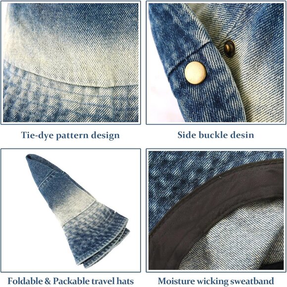 Denim Bucket Hat Women Blue Tie Dye Wide Brim Sun Cap Outdoor Stylish - Picture 5 of 6